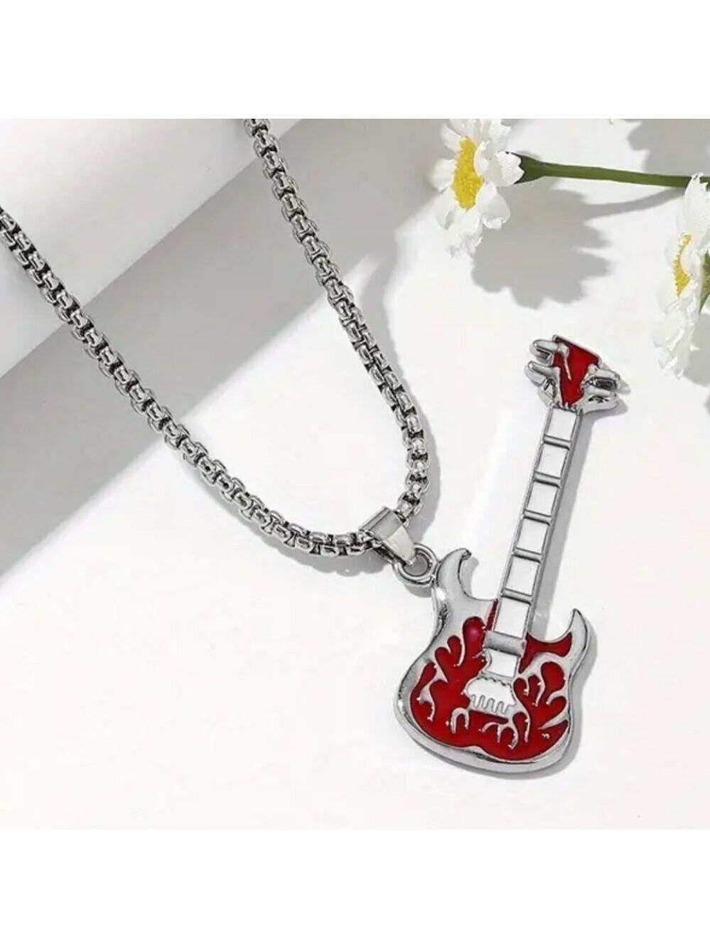 Red Flaming Guitar with White Neck Rocker Necklace and Pendant #1252